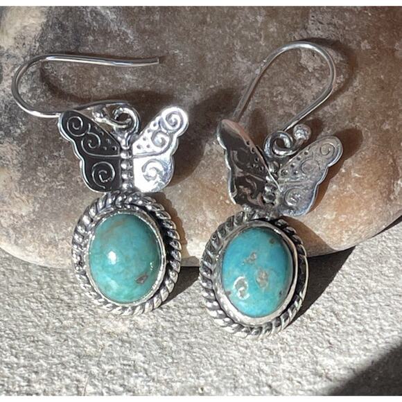 Sterling Silver Turquoise Butterfly Dangle Earrings Native Southwest Style - Picture 4 of 7